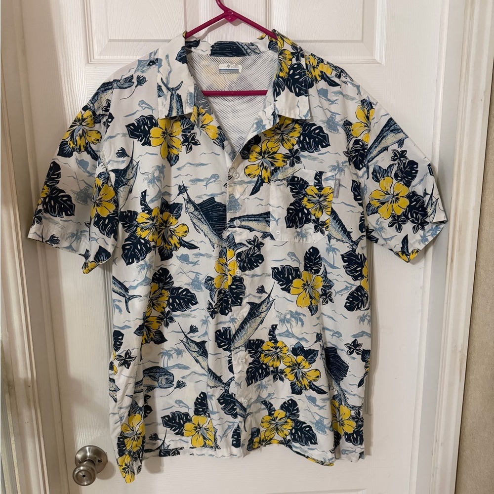 Columbia Floral Button Down Shirt - Navy and Yellow